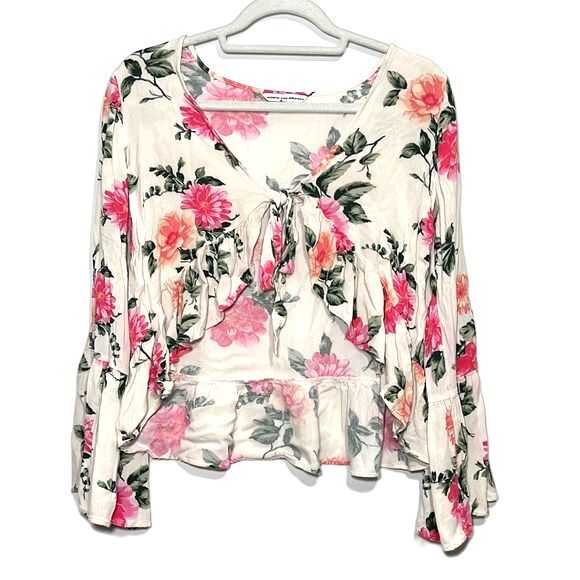 American Eagle White w/ Pink Floral Tie Front Top Size Medium - Picture 2 of 8